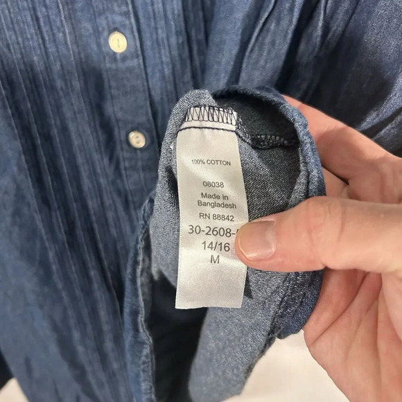 Woman Within Blouse Women's Medium 14 16 Dark Wash Blue Vneck Button Up Long Sle - Picture 5 of 9